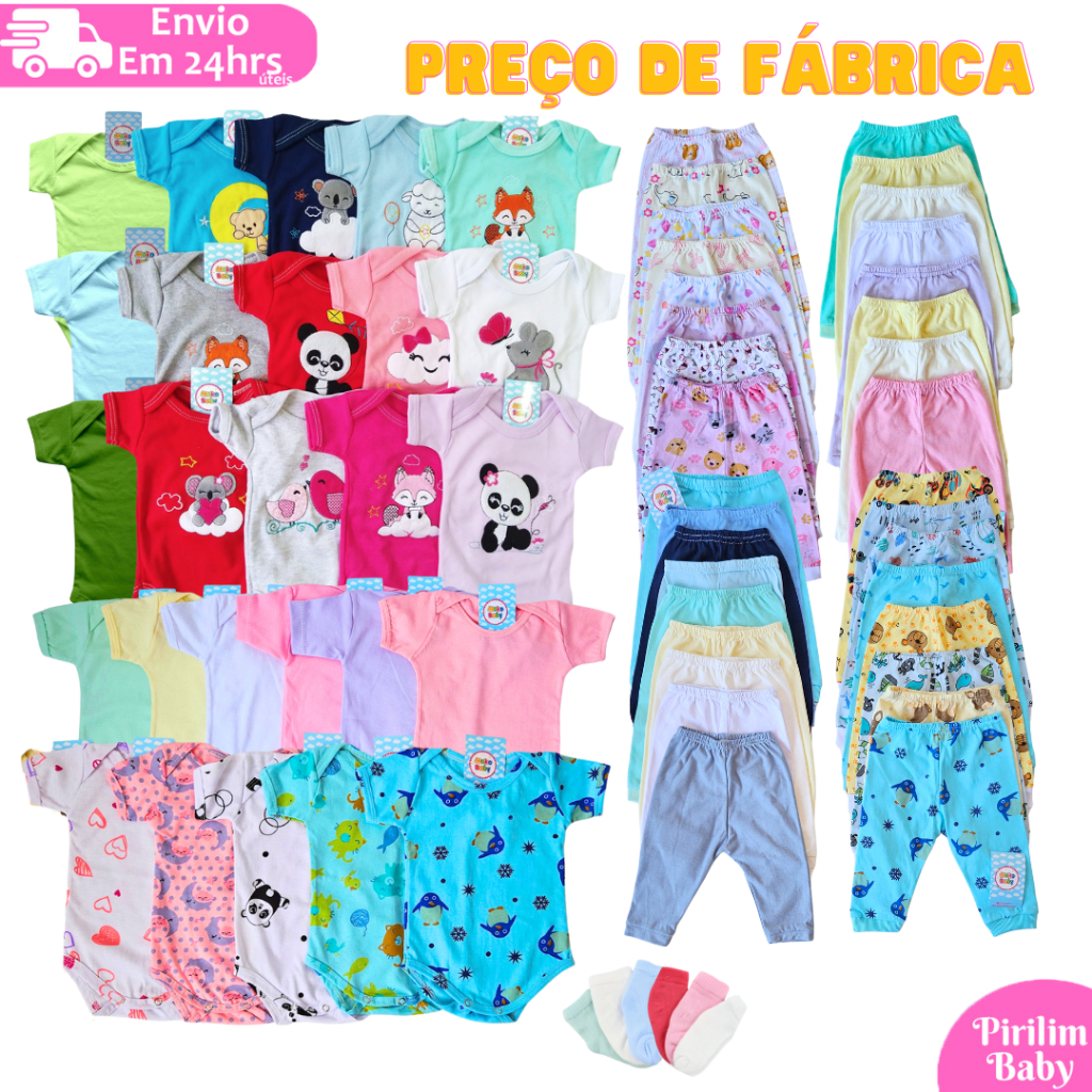 Kit 15 peças Enxoval Bebê Menino e Menina Body Calça Mijão e Meia Algodão Menina Ou Menino