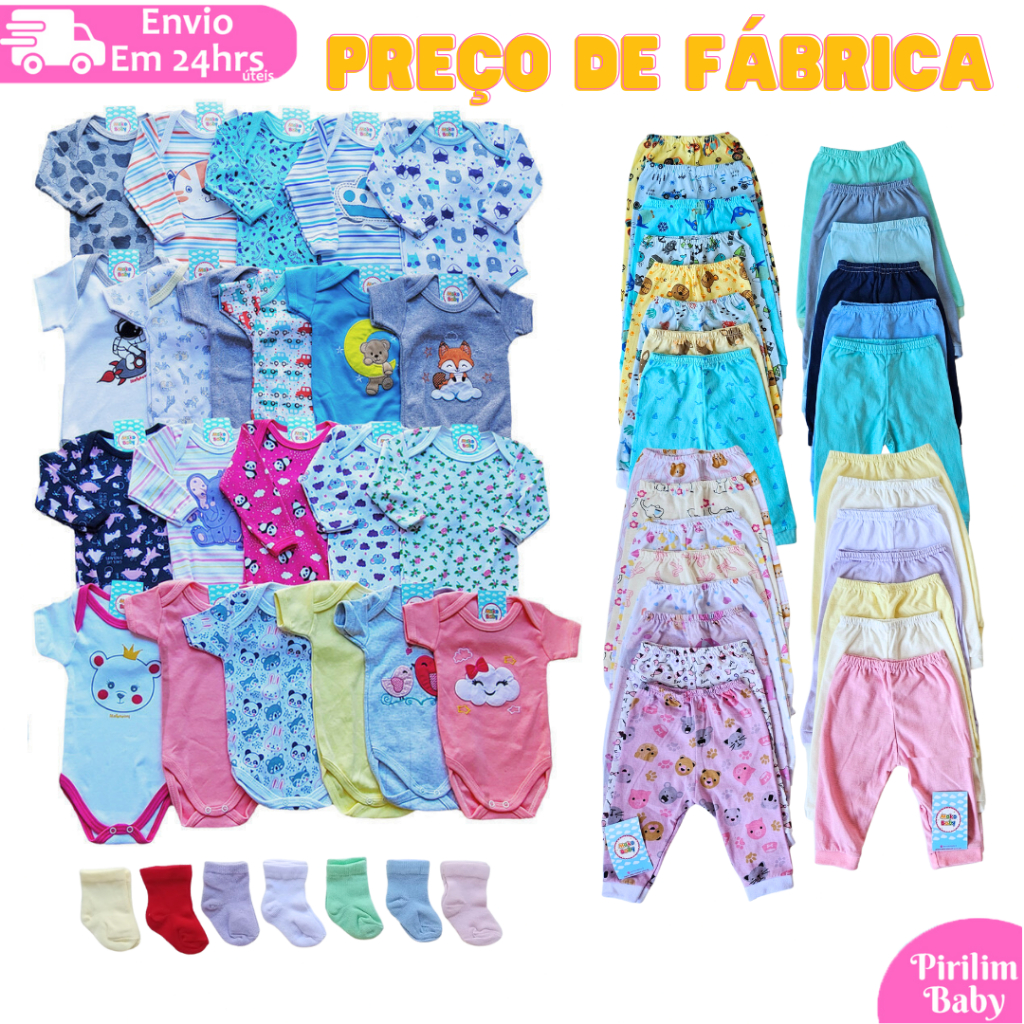 Kit 15 peças Enxoval Bebê Menino e Menina Body Calça Mijão e Meia Algodão Menino Ou Menina
