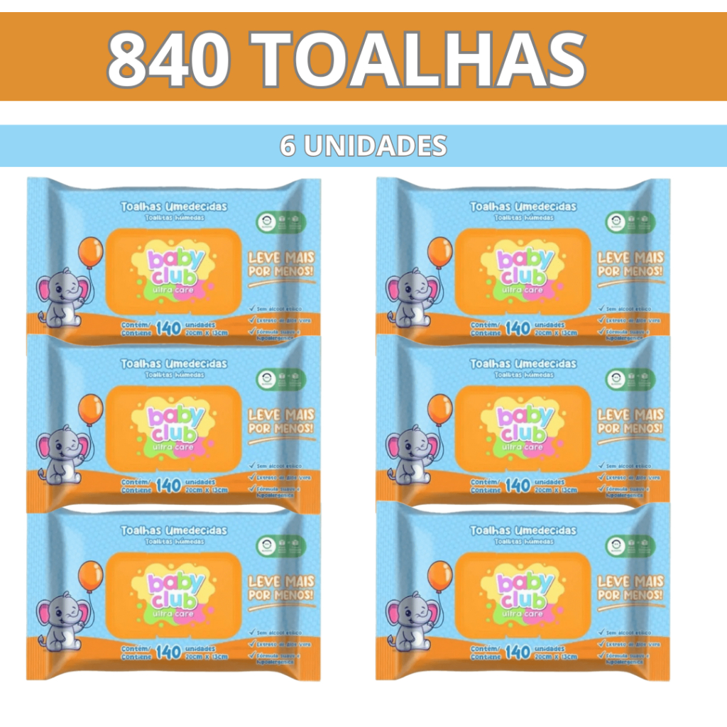 Kit Com 840 Lenço/Toalha Umedecido/6 Pacotes- Baby Club