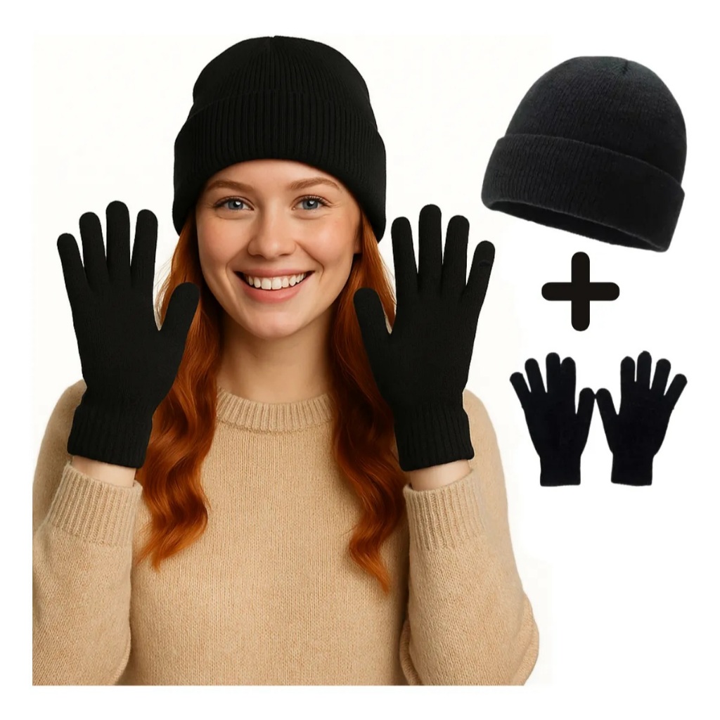 Kit Luva + Touca De Lã Preta Básica Frio Inverno Unissex