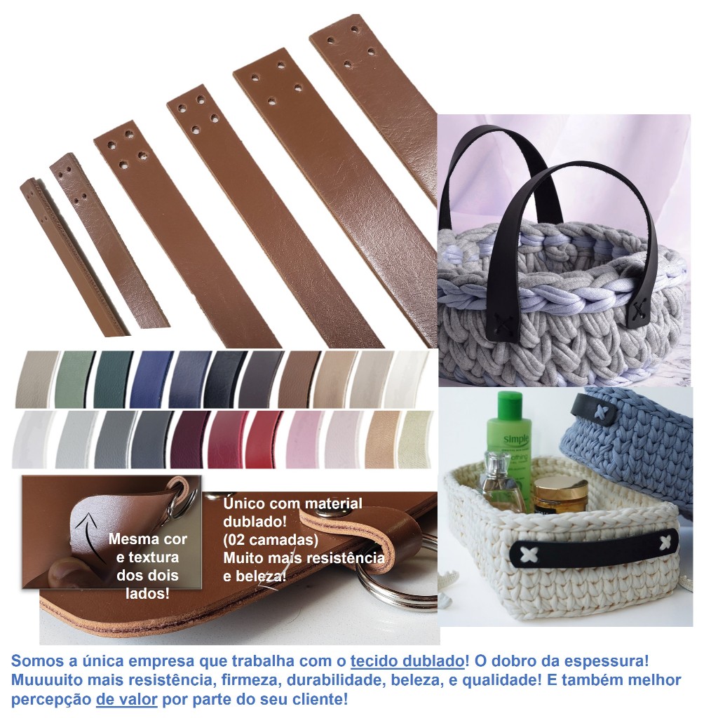 1 Par de alças 4 furos Textura de Couro Dublado - Para bolsas ou cestos e crochê, garrafas de vinho