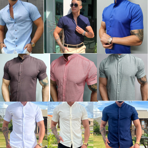 Kit com 2 Camisas de Botão Gola Padre Manga Curta Slim Praia Masculina Promoção Barata