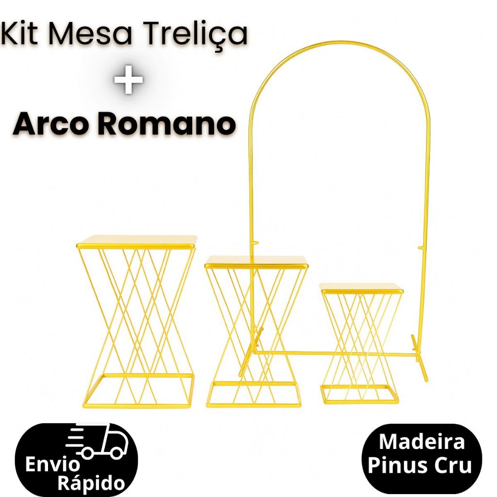 Kit Trio De Mesa Em Ferro Treliça Cruzada + Painel Arco Romano 2X1 M Decoração Festa Promoção