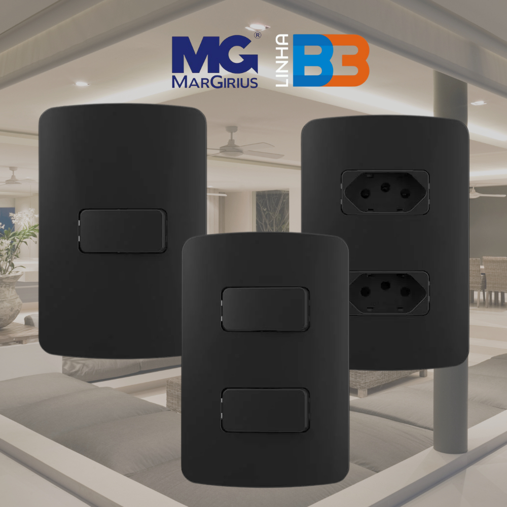 Conjunto Tomada Preta Fosco Ebony 4x2 10a 20a Interruptor Simples Paralelo B3 Colors Preto Margirius