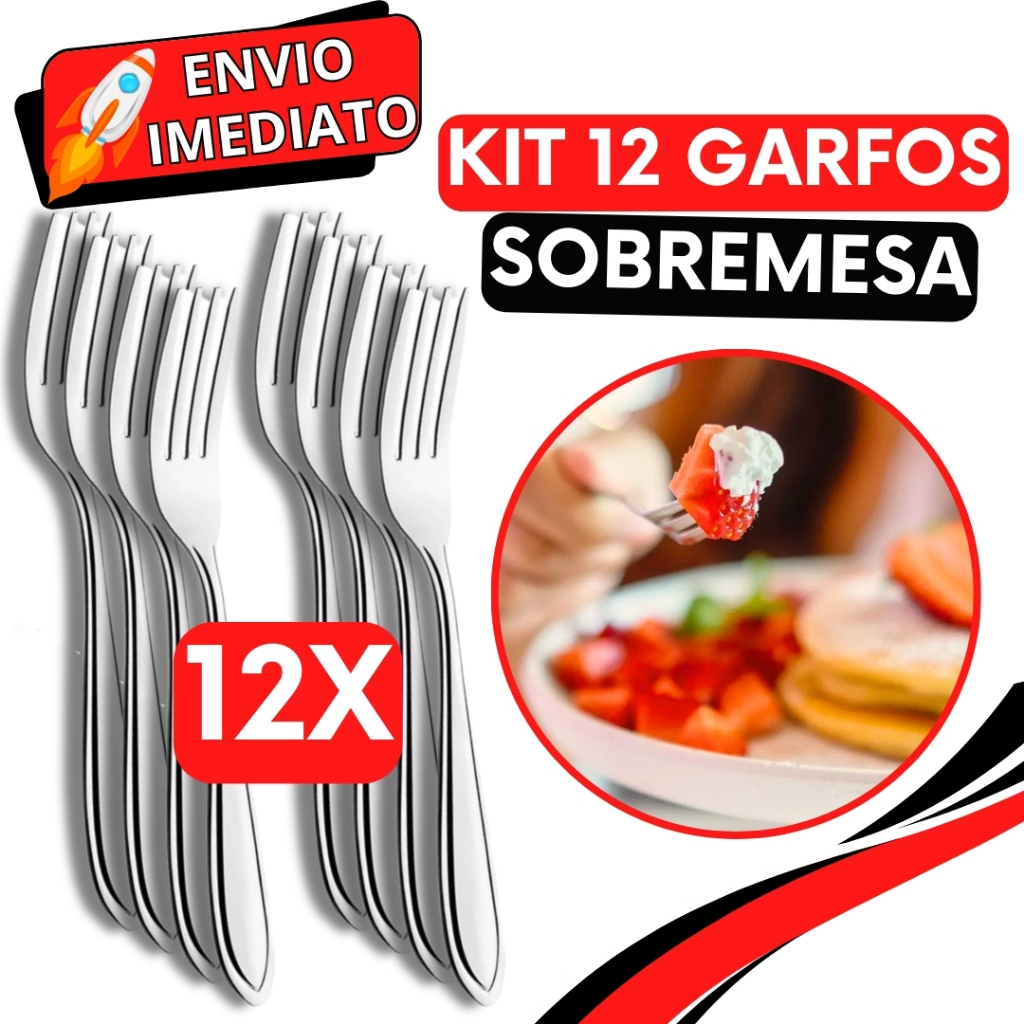 KIT Jogo 12 Garfo de Sobremesa Talher de Aço Inox Luxo Reutilizável Faqueiro Para Casa Restaurante Buffet Bar Doces