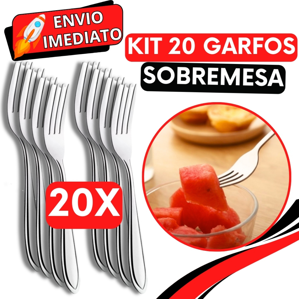 KIT Jogo 20 Garfo de Sobremesa Talher de Aço Inox Luxo Reutilizável Faqueiro Para Casa Restaurante Buffet Bar Doces