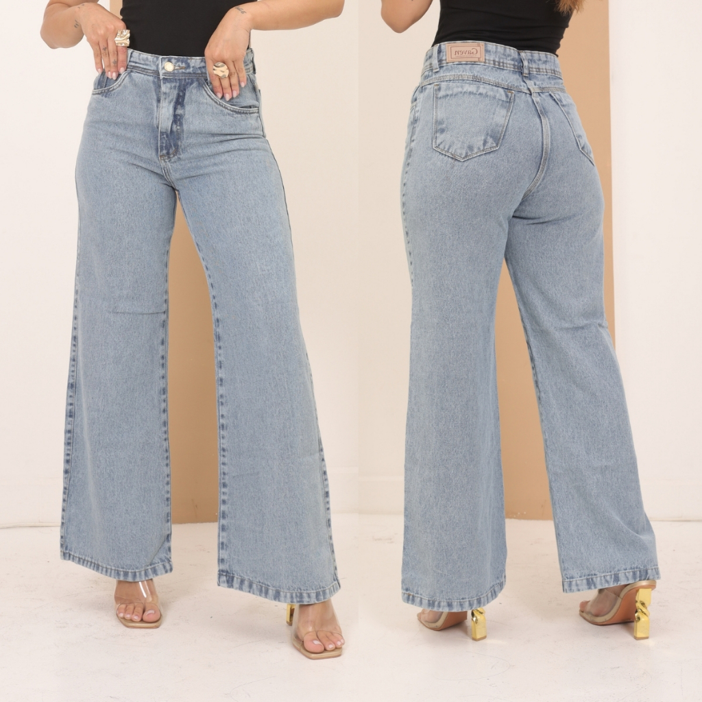 Calça Jeans Feminina Wide Leg Pantalona Cintura Alta Marmorizada Sem Lycra Boca Larga Elegante