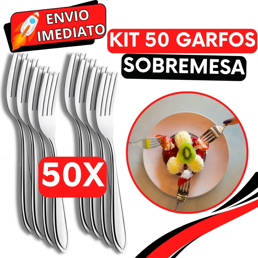 KIT Jogo 50 Garfo de Sobremesa Talher de Aço Inox Luxo Reutilizável Faqueiro Para Casa Restaurante Buffet Bar Doces