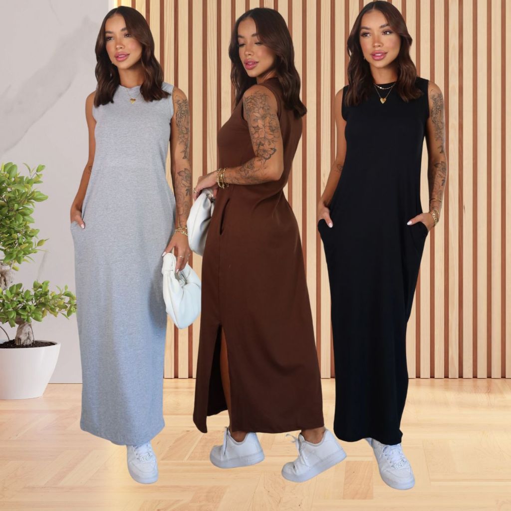 Vestido Longo Feminino Cavado Conforto Blogueira Longo com Bolso Moda Gringa