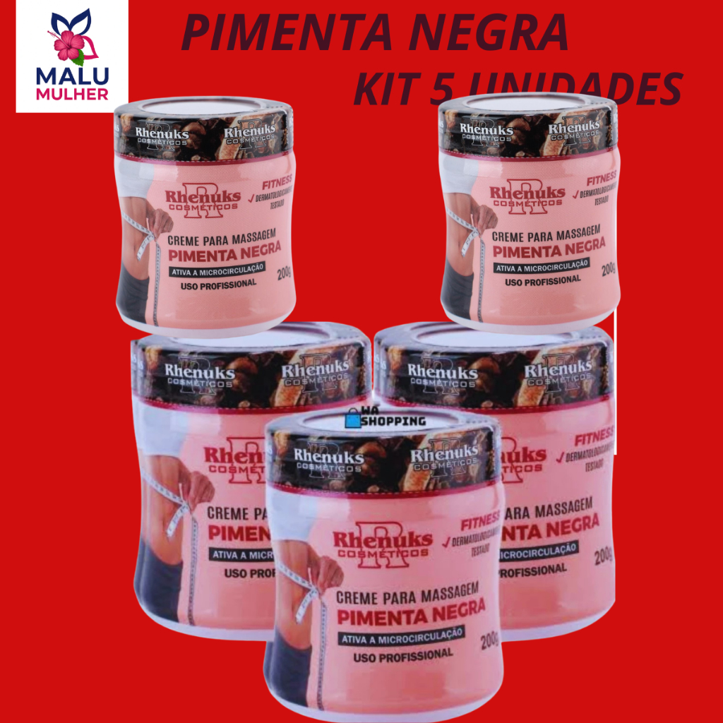 Creme Pimenta Negra Redutor – Elimina Gordura, Estrias e Celulite – Kit 5 Unidades Profissional
