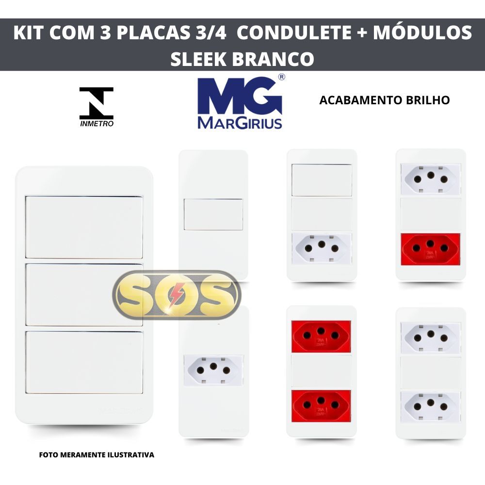 KIT COM 3 TAMPA CONDULETE 3/4 SLEEK BRANCO MARGIRIUS COM INTERRUPTOR SIMPLES PARALELO TOMADA 10A 20A