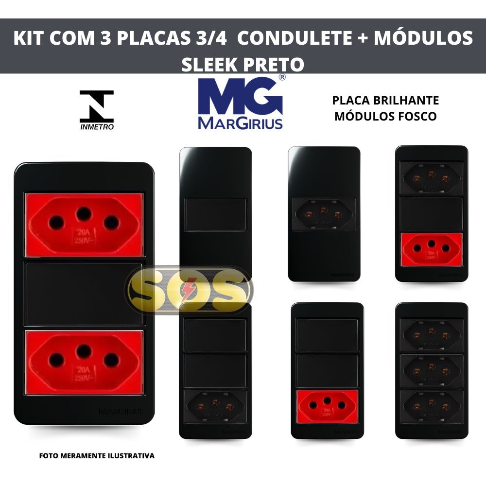 KIT COM 3 TAMPAS CONDULETE 3/4 SLEEK EBONY PRETO MARGIRIUS C/ TECLA SIMPLES PARALELO TOMADA 10A 20A