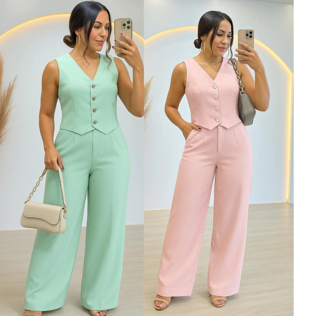 CONJUNTO FEMININO ESTILOSO E ELEGANTE EN CORES DE VERÃO EM ,CALÇA +COLETE — imagem 1