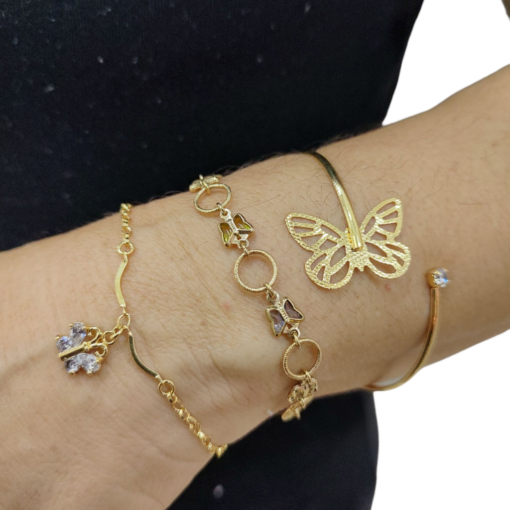 Kit Conjunto 3 Pulseiras Femininas Borboleta Semi Jóia Banhado a Ouro 18k - Moda Feminina