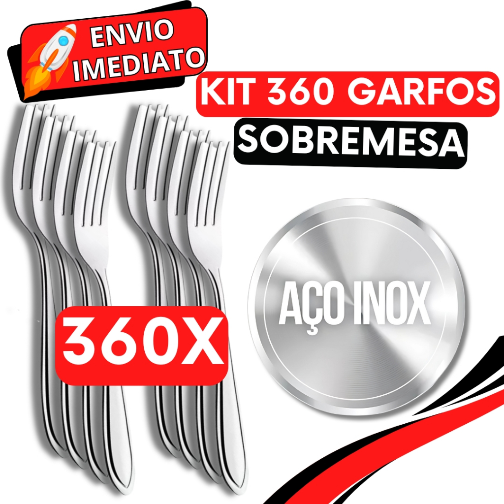 KIT Jogo 360 Garfo de Sobremesa Talher de Aço Inox Luxo Reutilizável Faqueiro Para Casa Restaurante Buffet Bar Doces