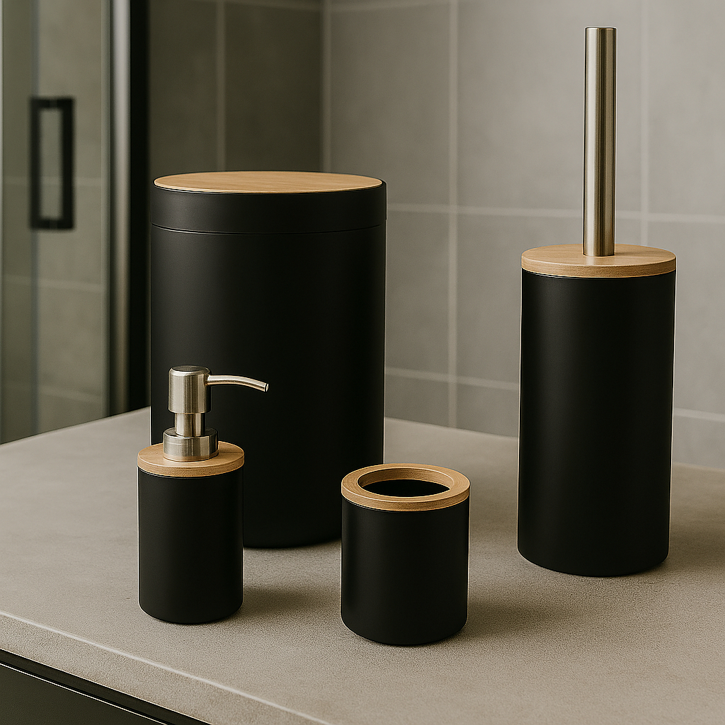 Kit Banheiro Conjunto 4 Peças Completo Lixeira Bambu Escova Sanitária Moderno Lavabo em Oferta na Shopee