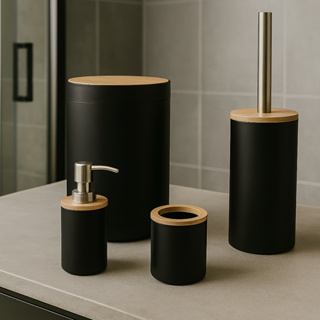 Kit Banheiro Conjunto 4 Peças Completo Lixeira Bambu Escova Sanitária Moderno Lavabo em Oferta na Shopee