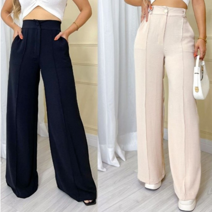 Calça GG Feminina Pantalona Wide Leg Duna com Botão Tendência 2025