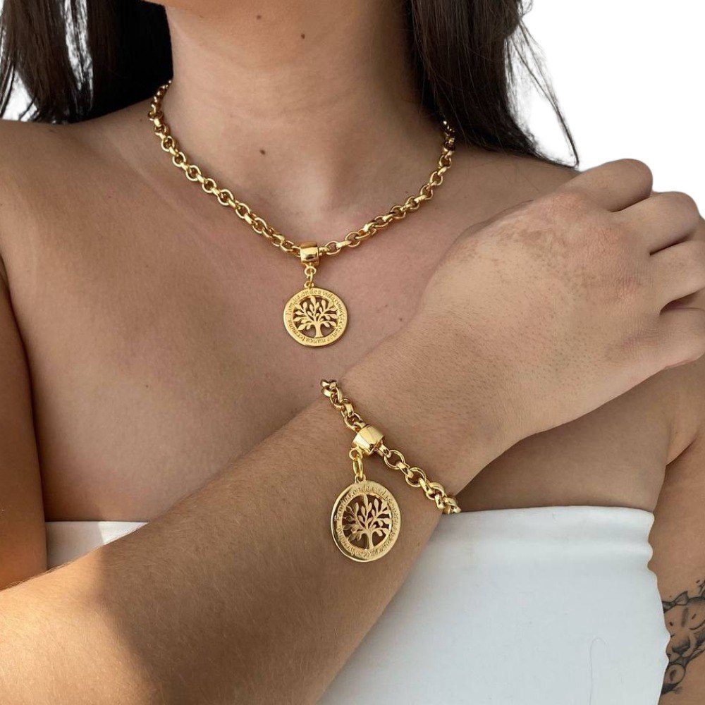 Conjunto Feminino Colar e Pulseira Pingente Arvore da Vida. Elegante em Oferta na Shopee