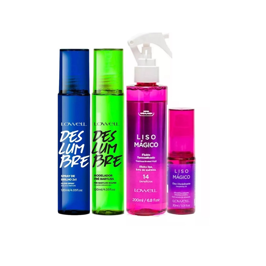Spray de Brilho + Modelador Pré Babyliss 120 ml + Fluido 200 ml + Óleo 30ml Liso Mágico Lowell