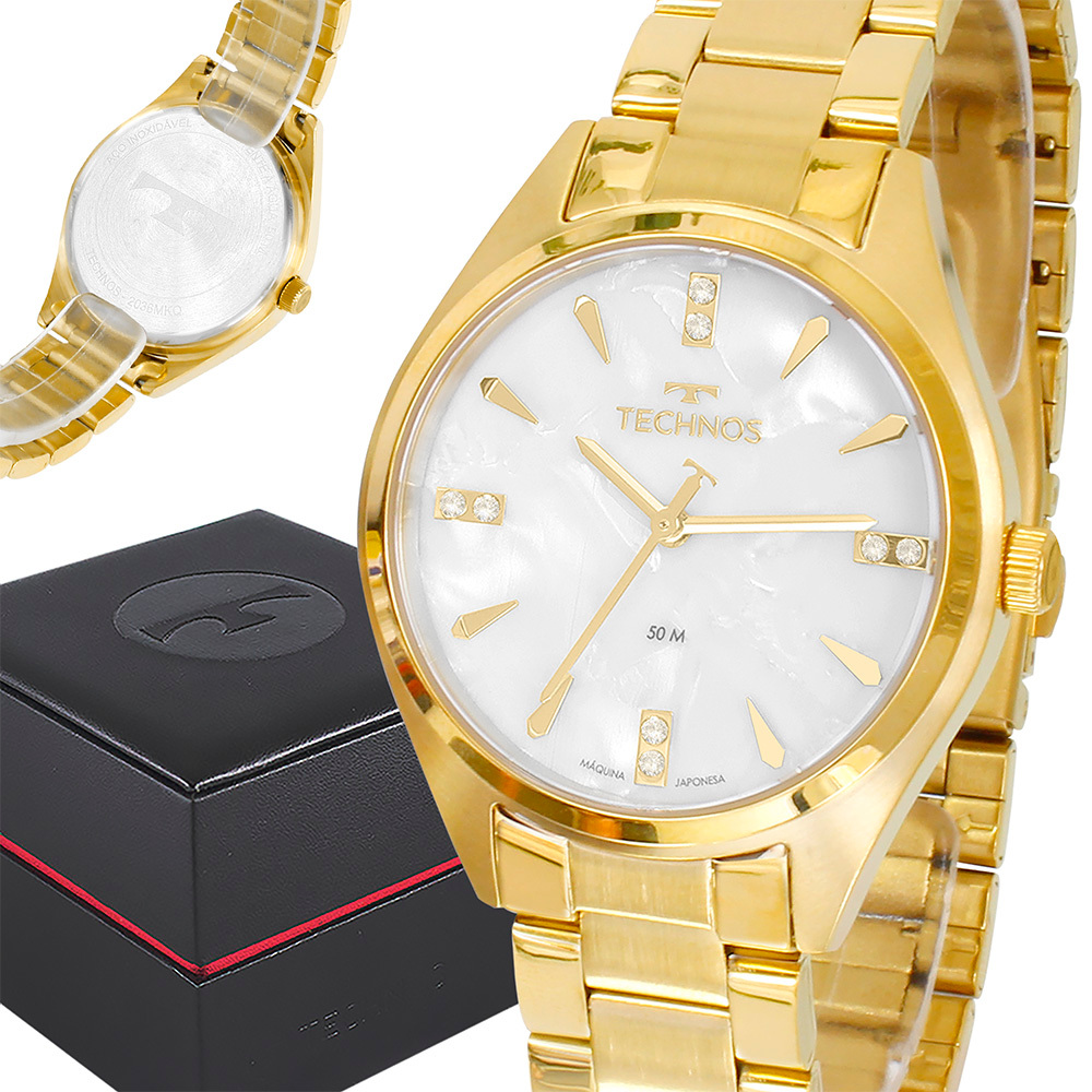 Relógio Technos Feminino Dourado Prova d'água com 1 ano de garantia com colar e brincos - Watches