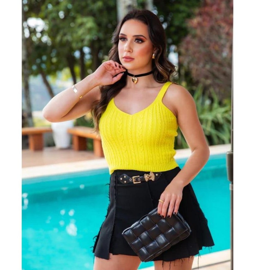 Blusa Regata Feminina Tricot Modal Tendencia Verão Com Trançinha Alçinha Fina