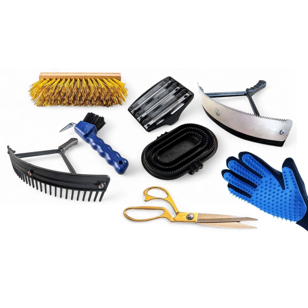 Kit Limpeza Cavalo Rodo Tesoura Raspadeiras Escova Pente Luva Ranilha
