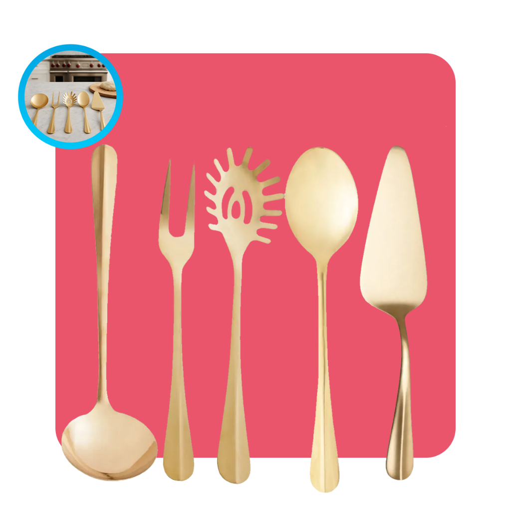 Kit 5 Utensílios de Cozinha Inox Positano Concha Espatula Pegador Colher de Arroz Garfo Dourado Lyor em Oferta na Shopee