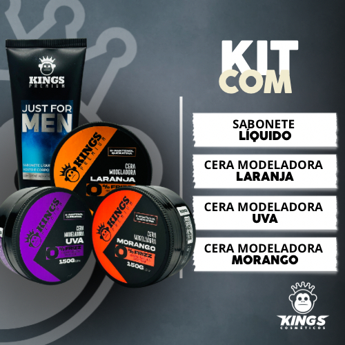 KIT PRESENTE KINGS - CERAS MODELADORAS: LARANJA, MORANGO, UVA+SABONTE LÍQUIDO