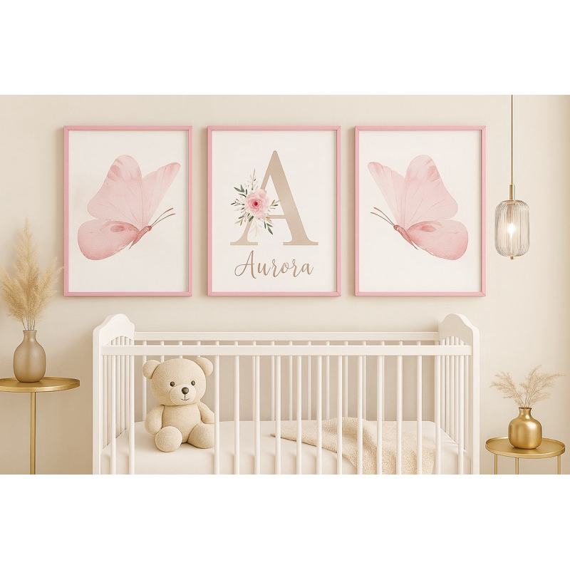Quadro Decorativo 3 Peças Borboletas Flores personalizado com nome Decoração quarto infantil menina em Oferta na Shopee