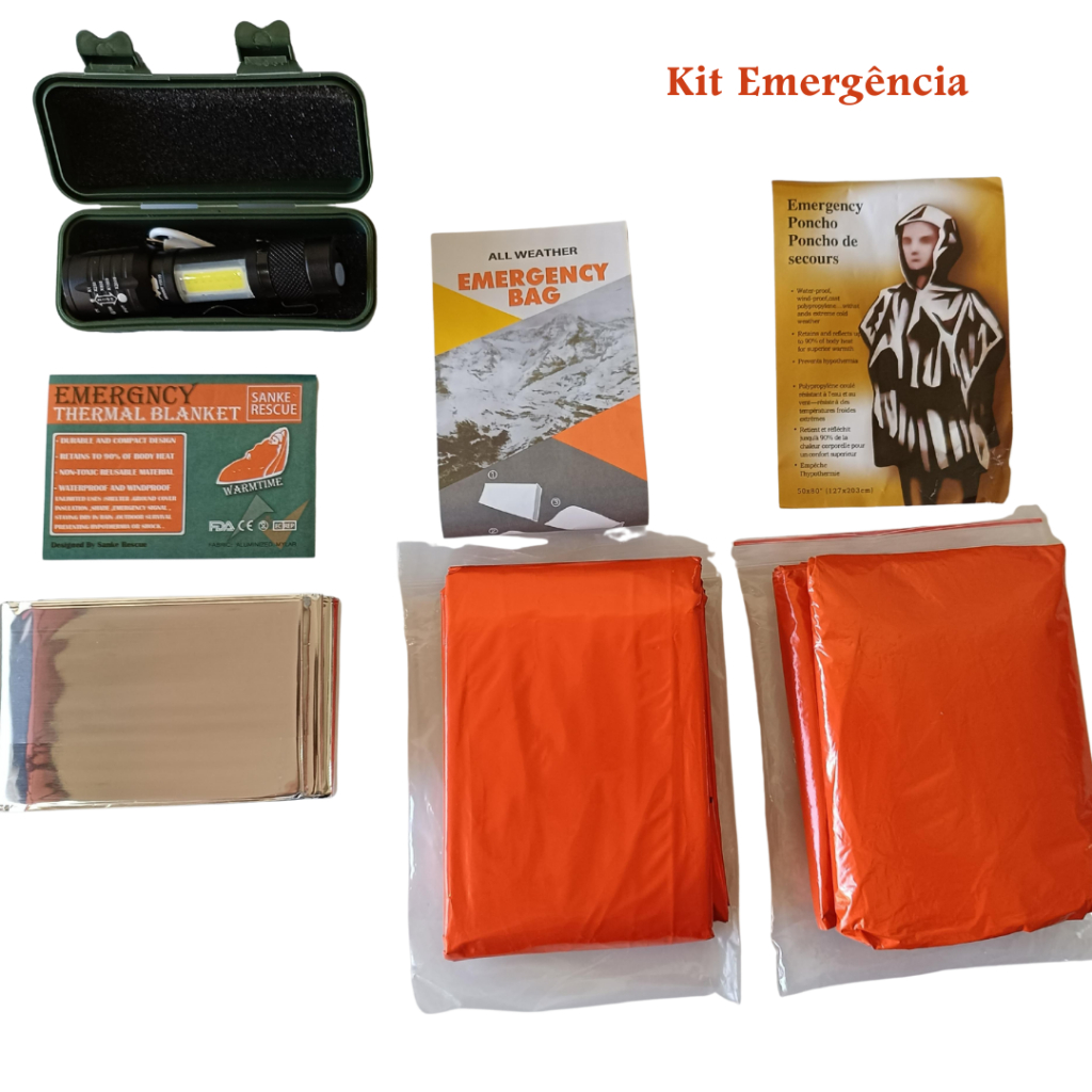 Kit Emergência (Cobertor Emergência + Saco de Emergência + Poncho + Mini Lanterna) - Envio Imediato
