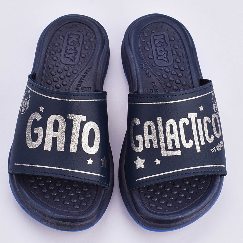 Chinelo Slide Infantil Menino Kidy Fly Flat Gato Galáctico Fácil de Calçar Super Leve Marinho