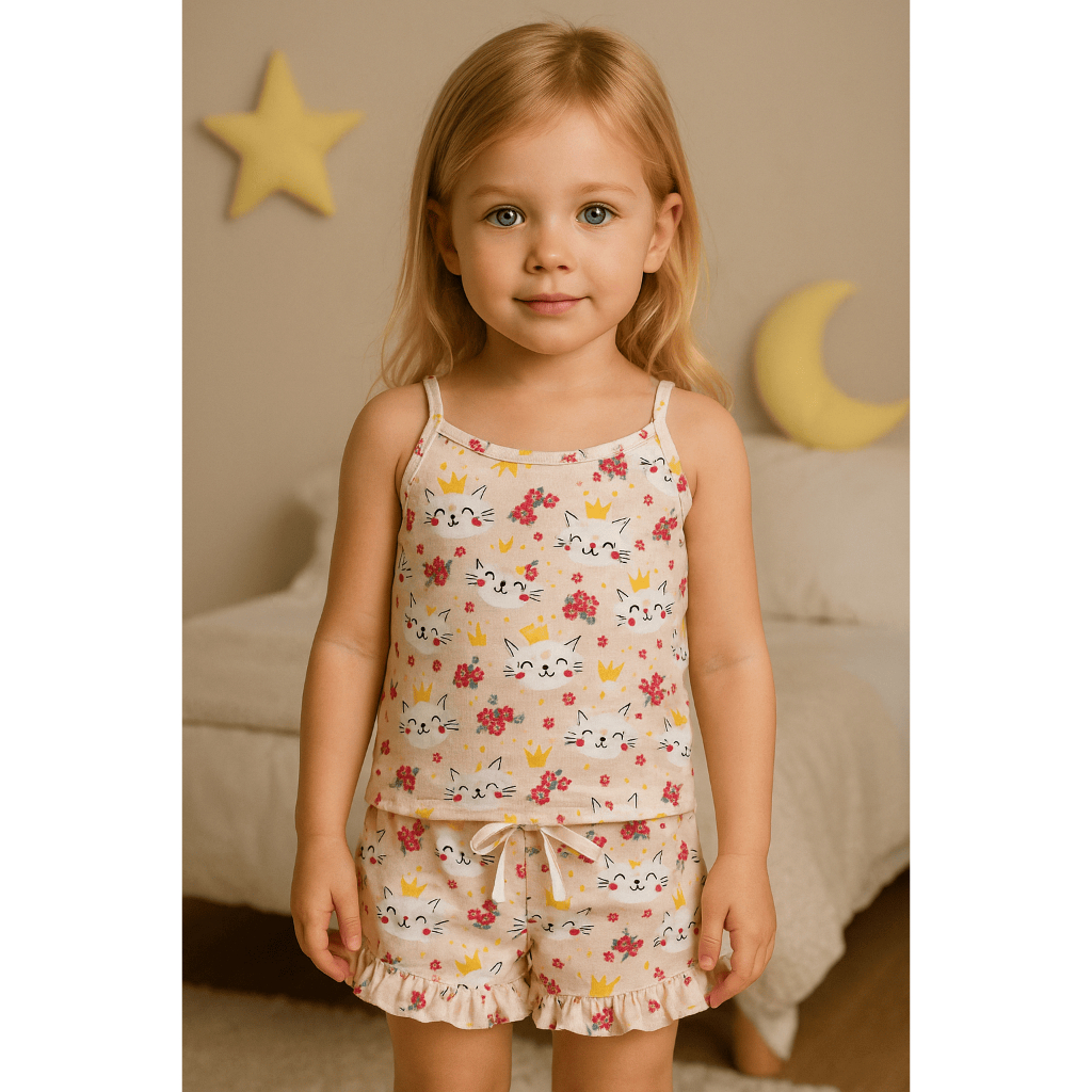Pijama Infantil Menina Gatinha Floral Regata + Short Babado Estampado Verão Fresquinho Algodão Macio