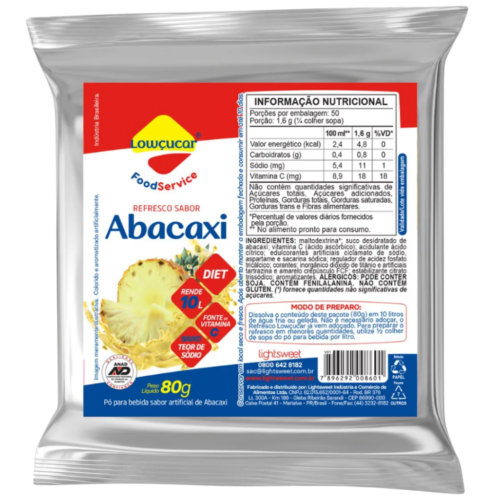 Suco Abacaxi 80g Zero Açúcar Rende 10 Litros - Lightsweet