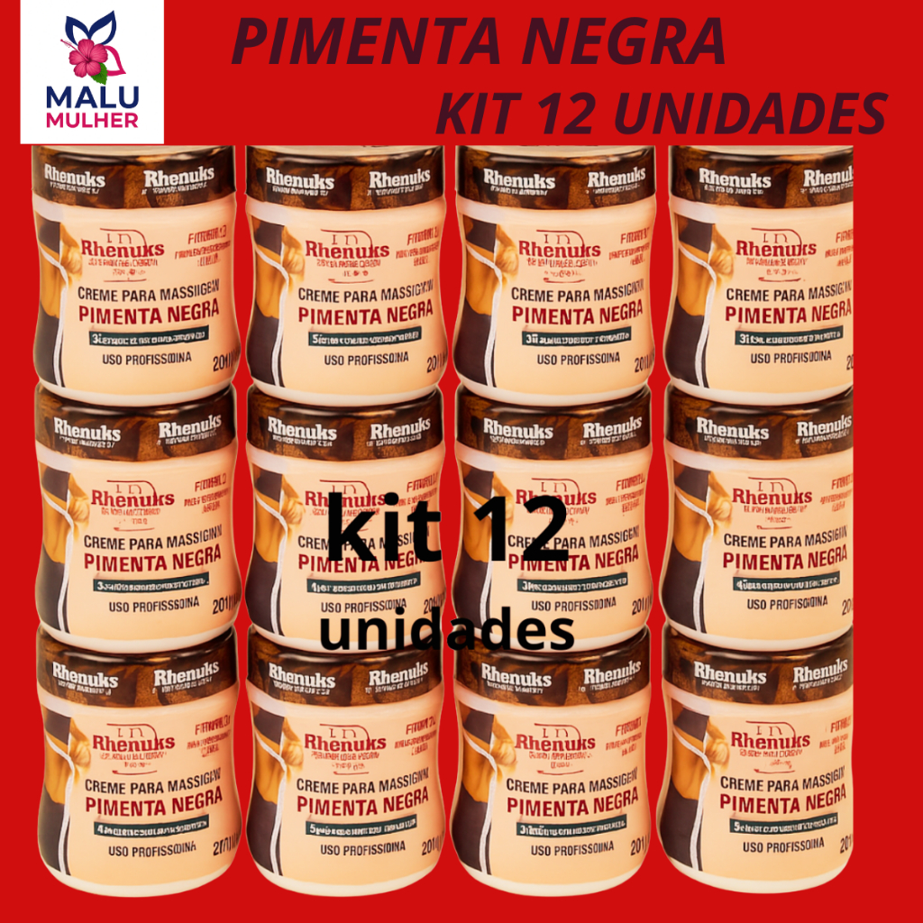 Creme Pimenta Negra Redutor – Elimina Gordura, Estrias e Celulite – Kit 12 Unidades Profissional