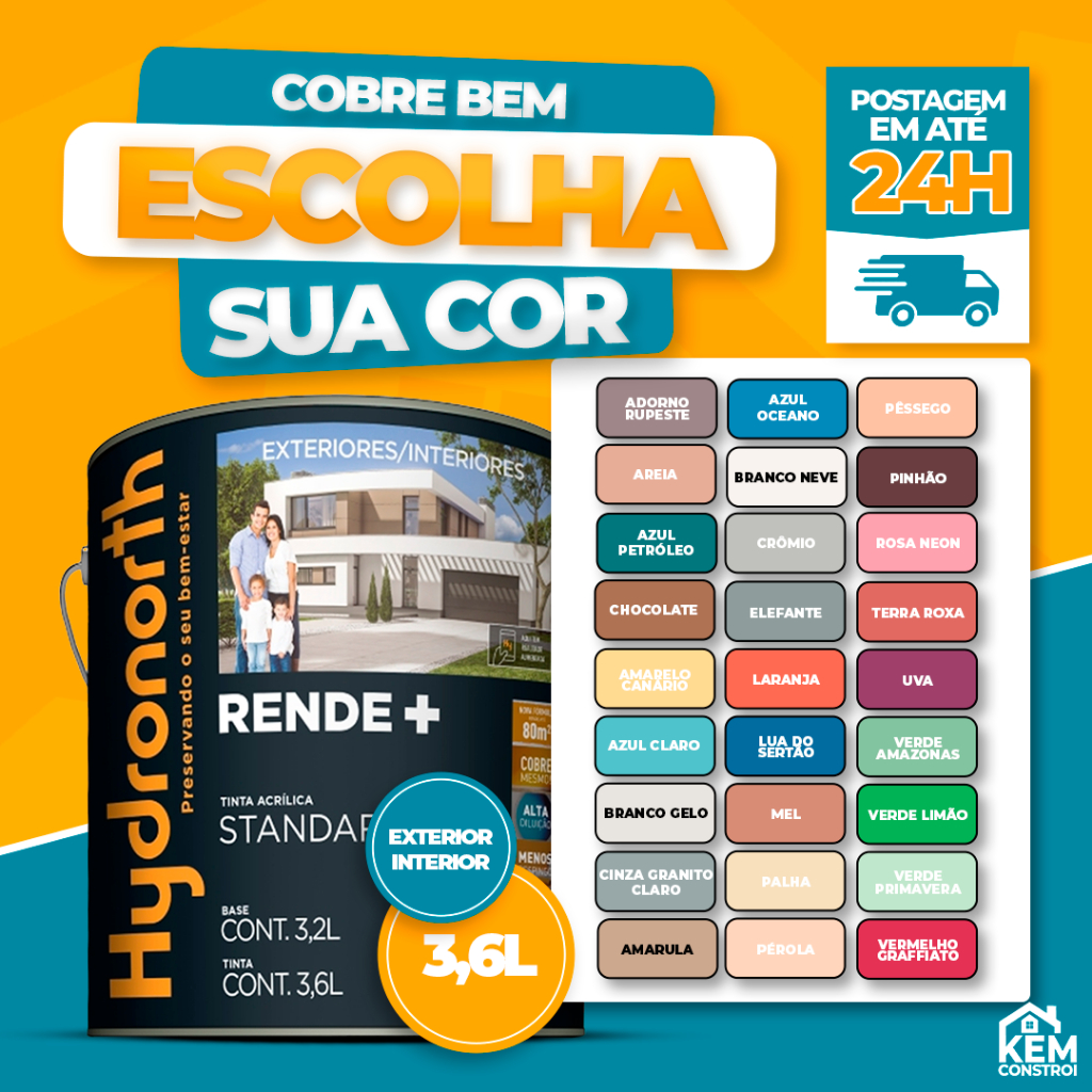 Tinta Acrílica Fosca Rende Mais 3,6L Várias Cores Hydronorth em Oferta na Shopee