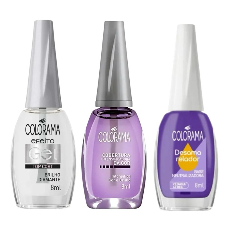 Kit 3 Esmalte Colorama Top Coat Brilho Diamante , Cobertura Intensificadora Roxinho e Base Desamarelador