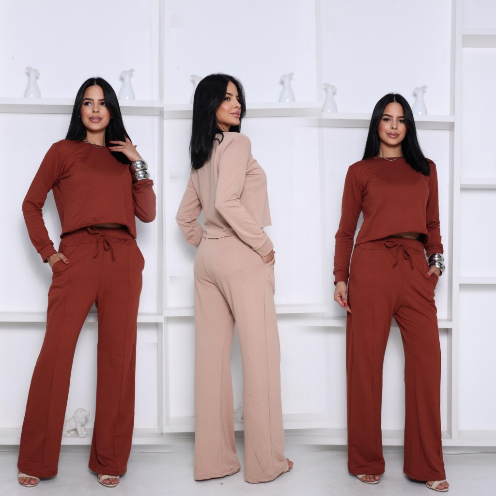Conjunto Feminino Moletinho - Calça Pantalona + Blusa com manga / Moda 2025