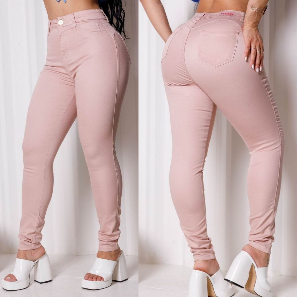 Calça Jeans Sarja Rose Skinny Feminina Levanta Bumbum Define e Realça Curvas Modeladora Cintura Alta