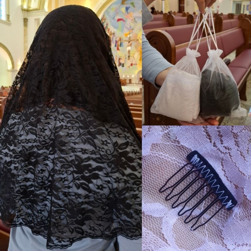KIT- VÉU CATÓLICO PRETO PARA MISSA + PENTE FIXADOR + PORTA VÉU
