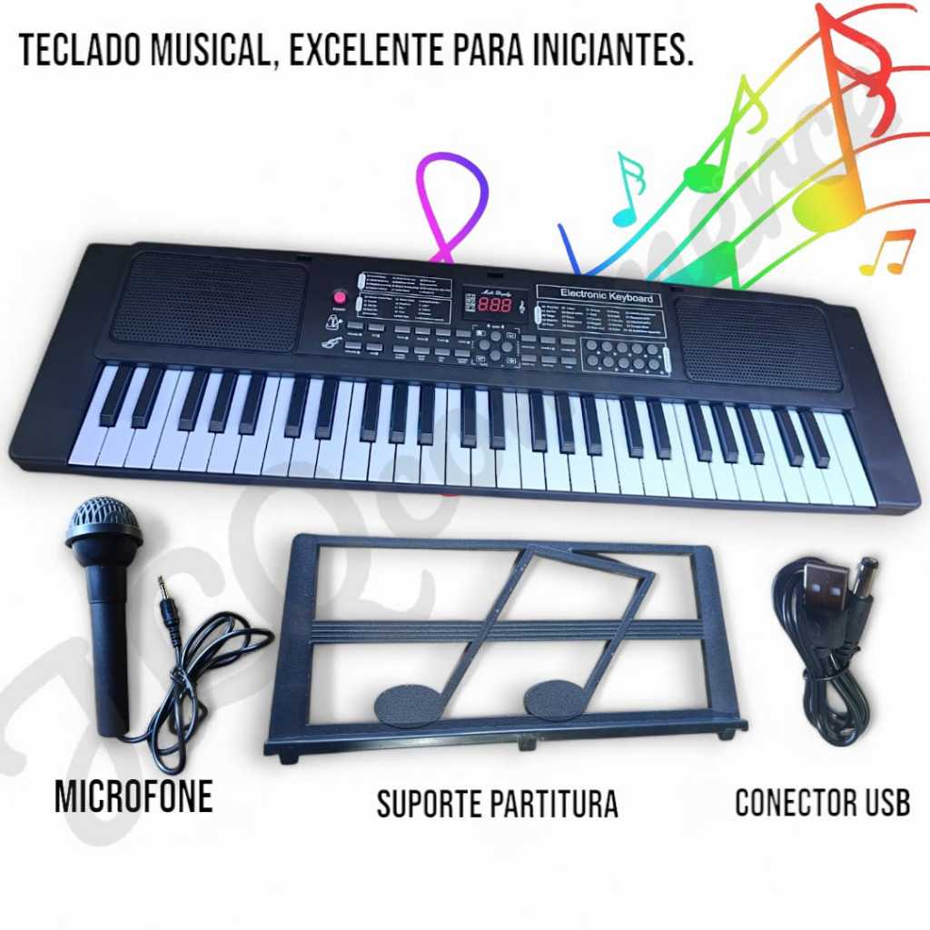 Teclado Eletrônico Piano Órgão 54 Teclas + Microfone + Cabo USB + Suporte Para Partitura