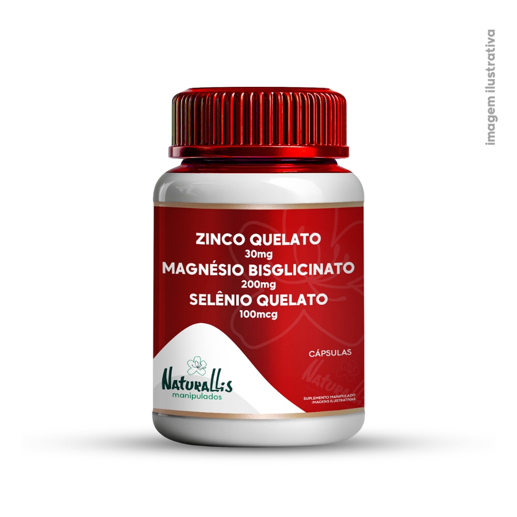 Zinco Quelato 30mg + Magnésio Bisglicinato 200mg + Selênio Quelato 100mcg - 30 ou 60 cápsulas
