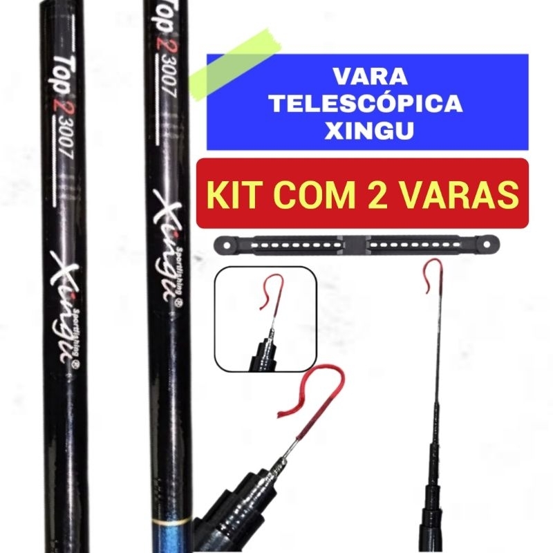 Kit com 2 Varas Telescópicas Xingu de 2.10 Metros + Enrolador de Linha + Capa Protetora