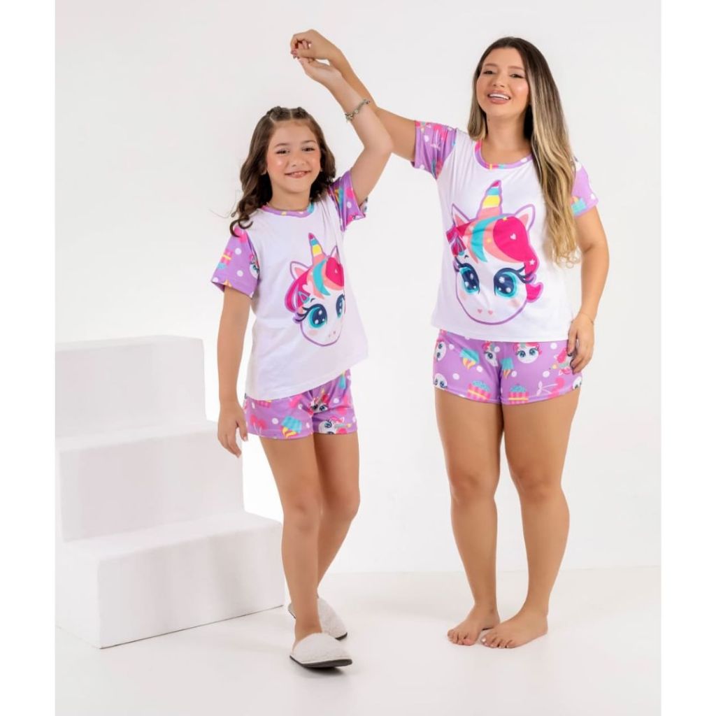 Kit 2 Pijamas Curto Conjunto Baby Doll Mãe E Filha Unicórnio