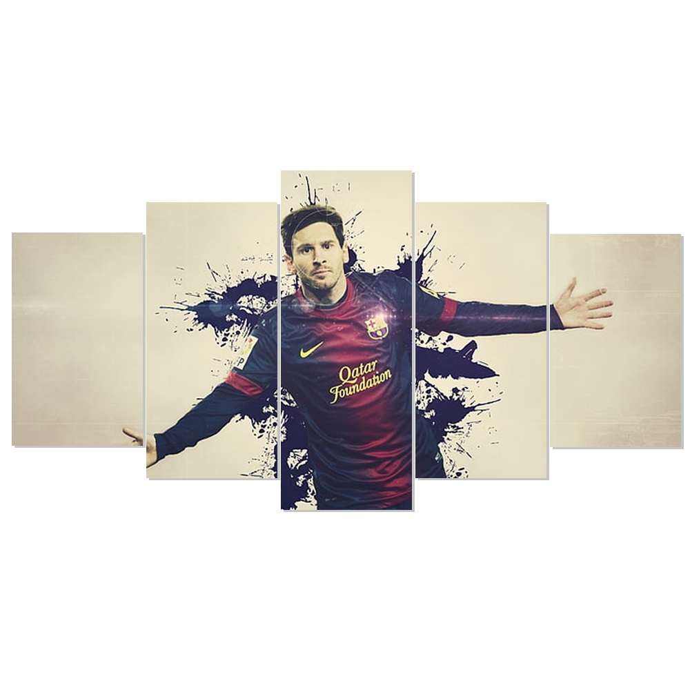 Quadro Decorativo Mosaico 5 Peças Messi Barcelona Ídolo Futebol Jogador Sala Quarto e Hall