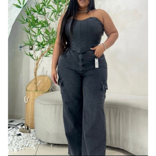 Calça Jeans Marmorizada Cargo Pantalona plus Size Cintura alta grafite em Oferta na Shopee