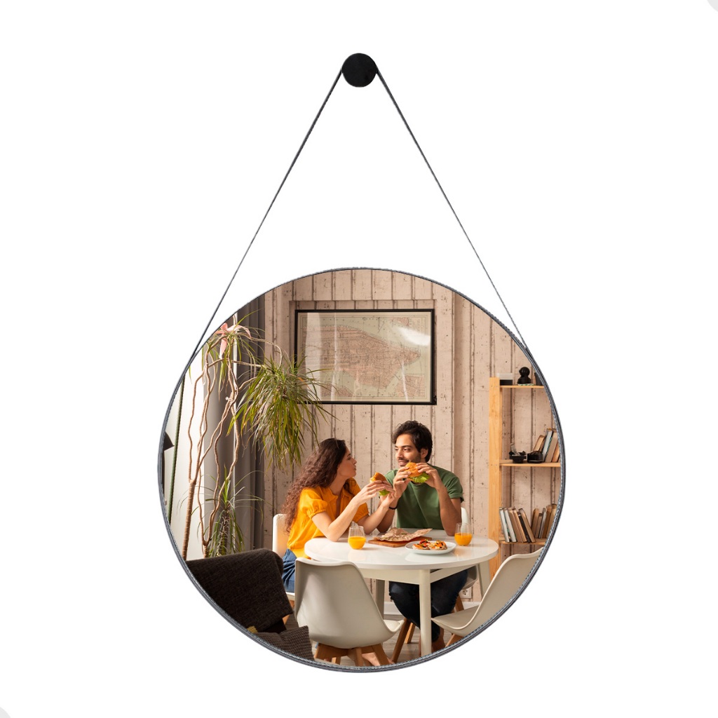 Espelho Decorativo Redondo 50cm Adnet Suspenso C/ Alça Couro - Home & Living