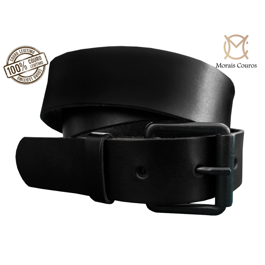 Cinto Masculino ALL BLACK Couro Legítimo Fivela Metal Preto Rolete Estilo Moderno Discreto Tradicional 35mm