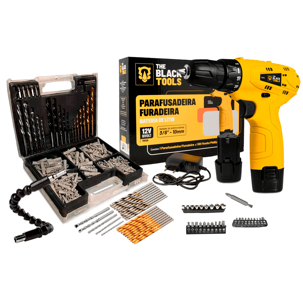 Parafusadeira Furadeira Sem Fio Bateria 12v Bivolt + Jogo De Brocas 300 Peças + Cabo Extensor em Oferta na Shopee