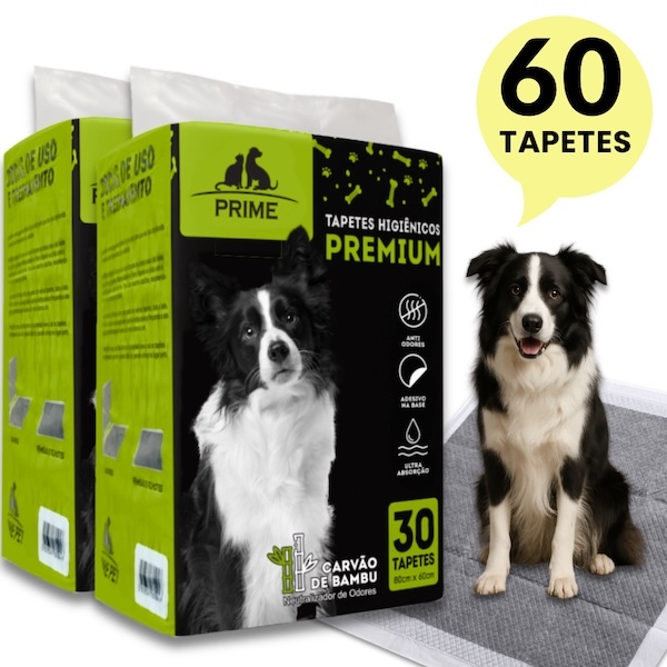 Kit 60 Tapetes Higiênicos Prime Carvão Ativado 80x60 - Gel Ultra Absorvente | Cães | Anti-Odor em Oferta na Shopee